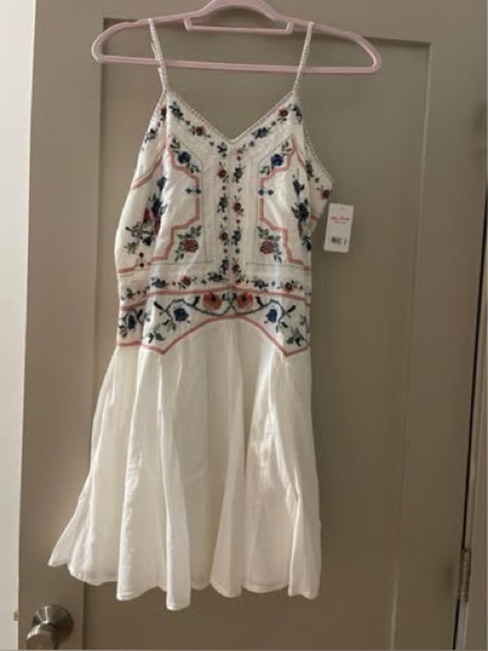 Lucky Brand White Embroidered Mini Dress with Pink & Blue Accents